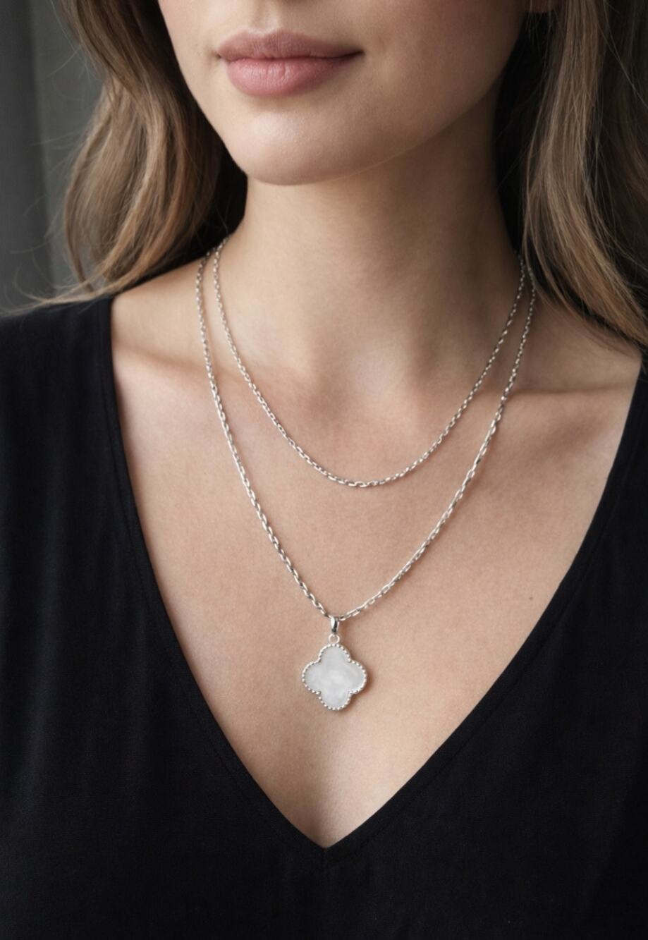 Pomina Silver White Clover Double Layer Necklace New